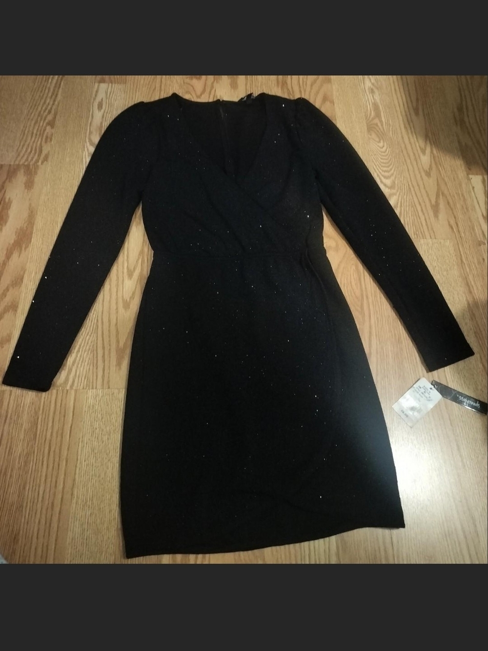Speechless Black Long-Sleeve Sparkle Wrap Dress